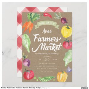 Rustic Watercolor Farmers Market Birthday Party Invitation
