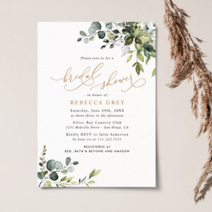 Rustic Watercolor Greenery Gold Bridal Shower Invitation