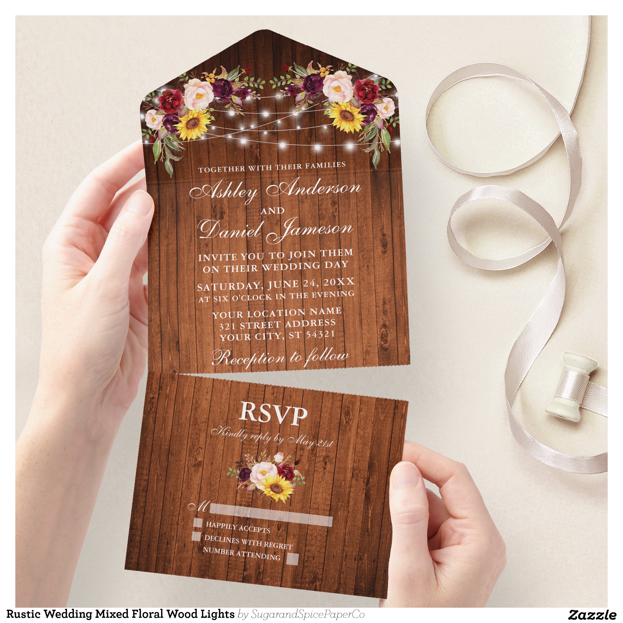 Rustic Wedding Mixed Floral Wood Lights All In One Invitation