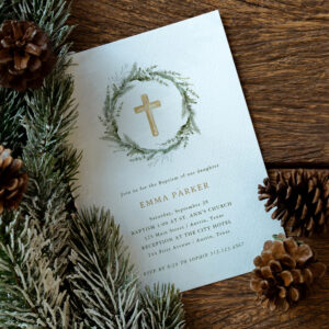 Rustic Winter Greenery Wreath and Cross Baptism Invitation