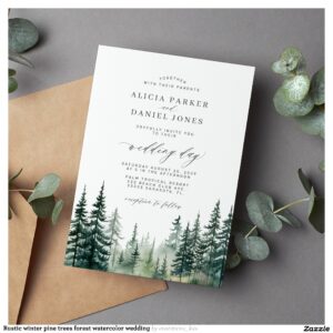 Rustic winter pine trees forest watercolor wedding invitation