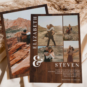 Rustic wood bold ampersand 5 photo grid wedding invitation