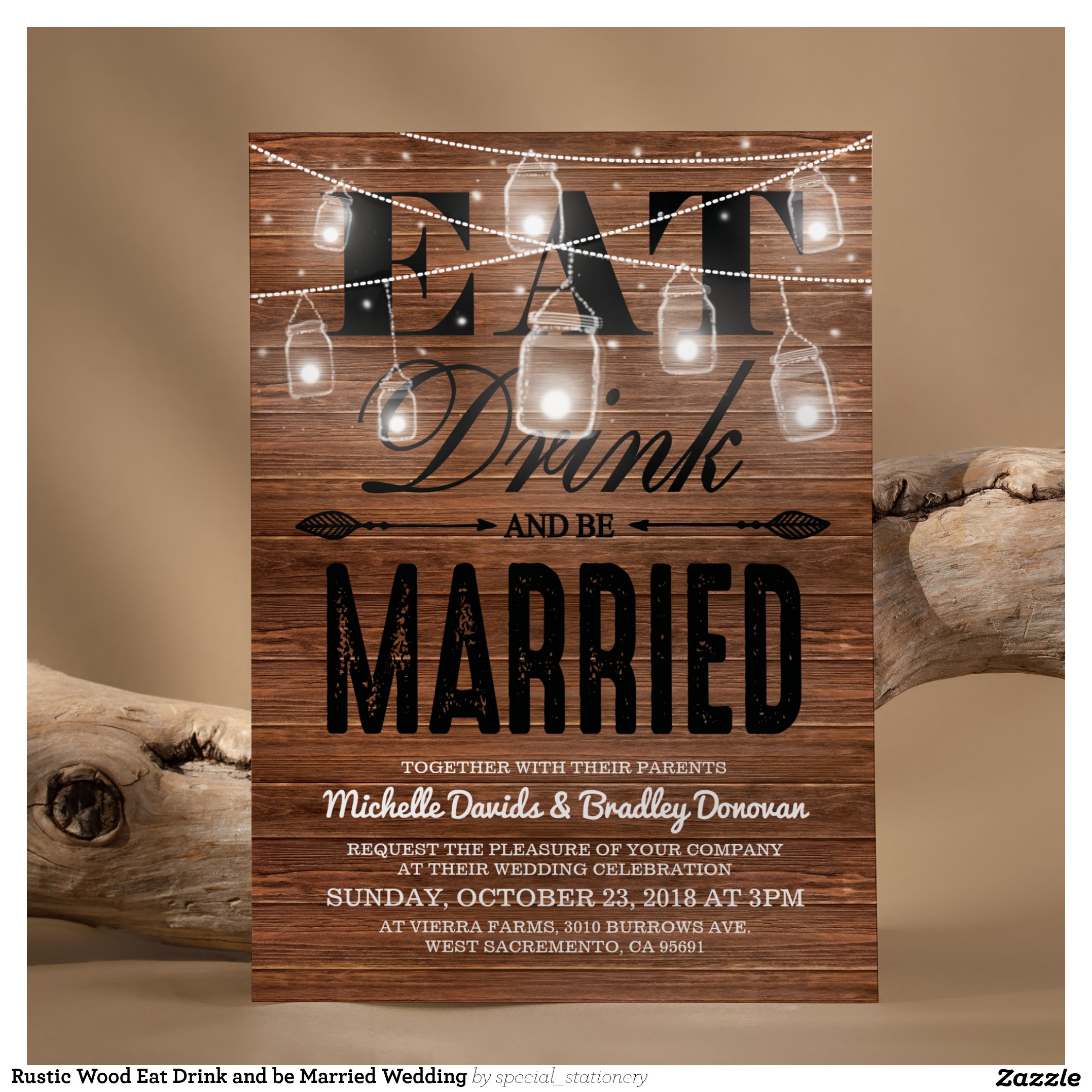 Rustic Wood Eat Drink and be Married Wedding Invitation