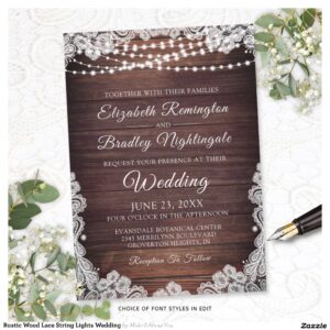 Rustic Wood Lace String Lights Wedding Invitation