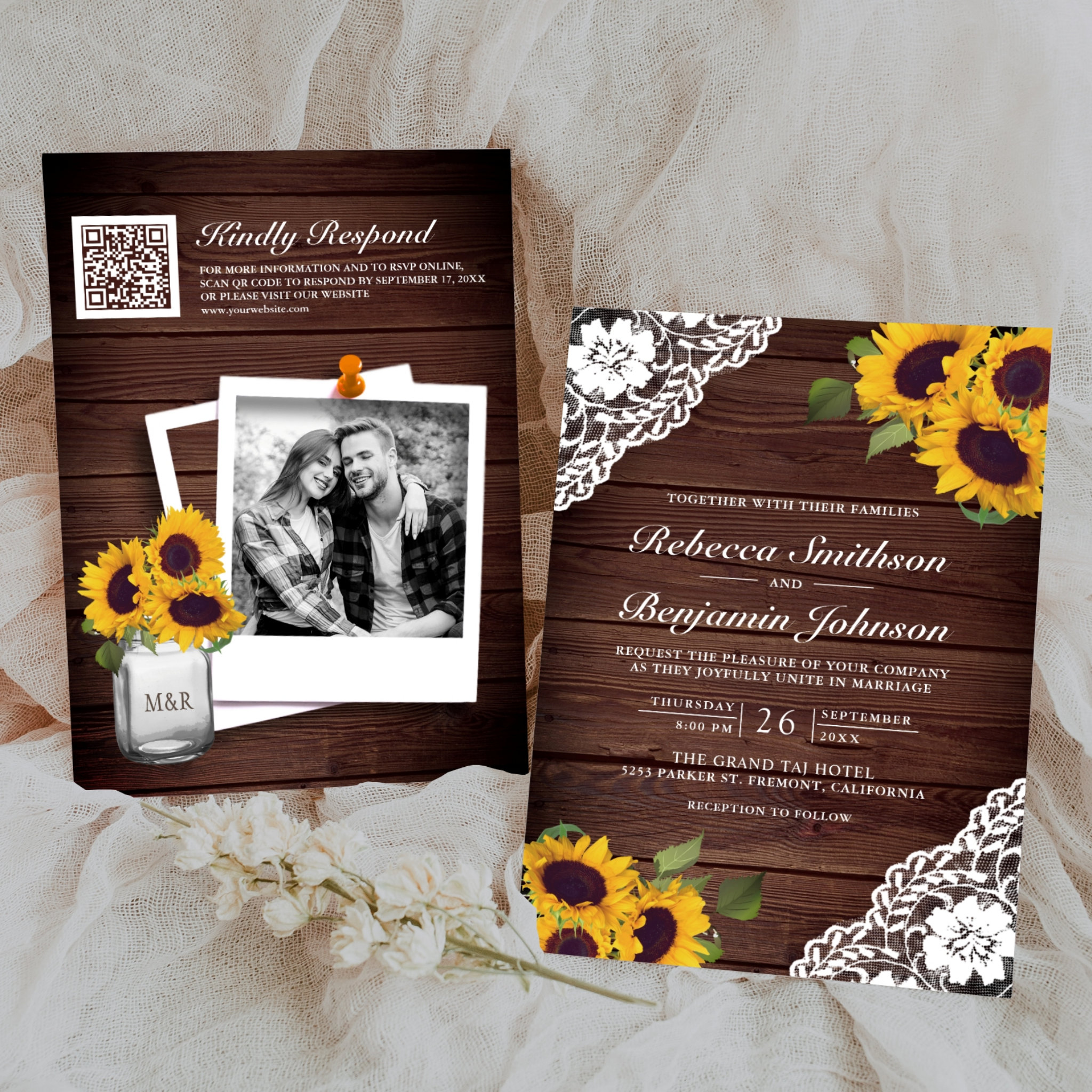 Rustic Wood Lace Sunflower Photo QR Code Wedding Invitation