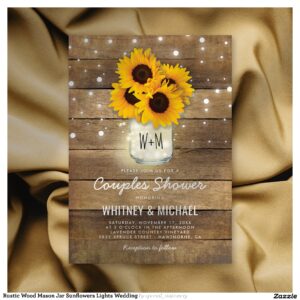 Rustic Wood Mason Jar Sunflowers Lights Wedding Invitation