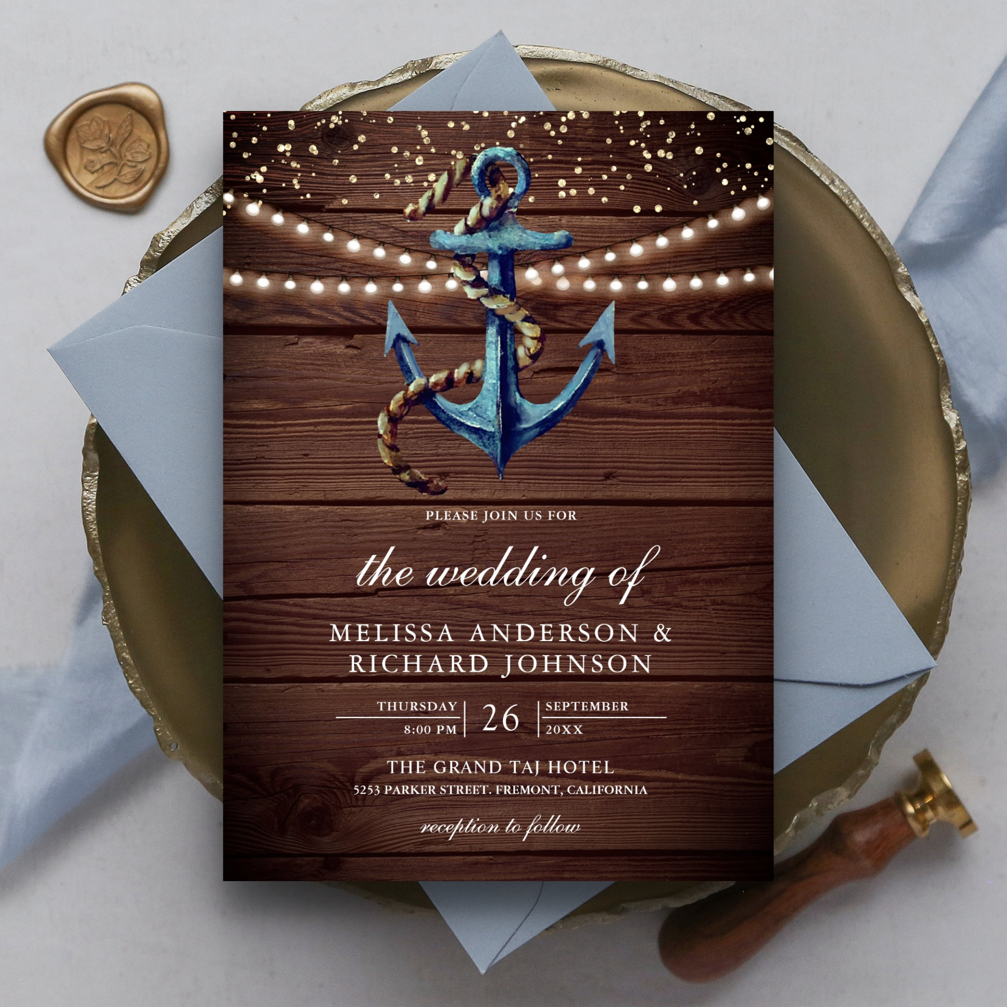 Rustic Wood Navy Blue Anchor Nautical Wedding Invitation