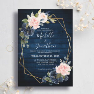 Rustic Wood Navy Blue Blush Pink Geometric Wedding Invitation