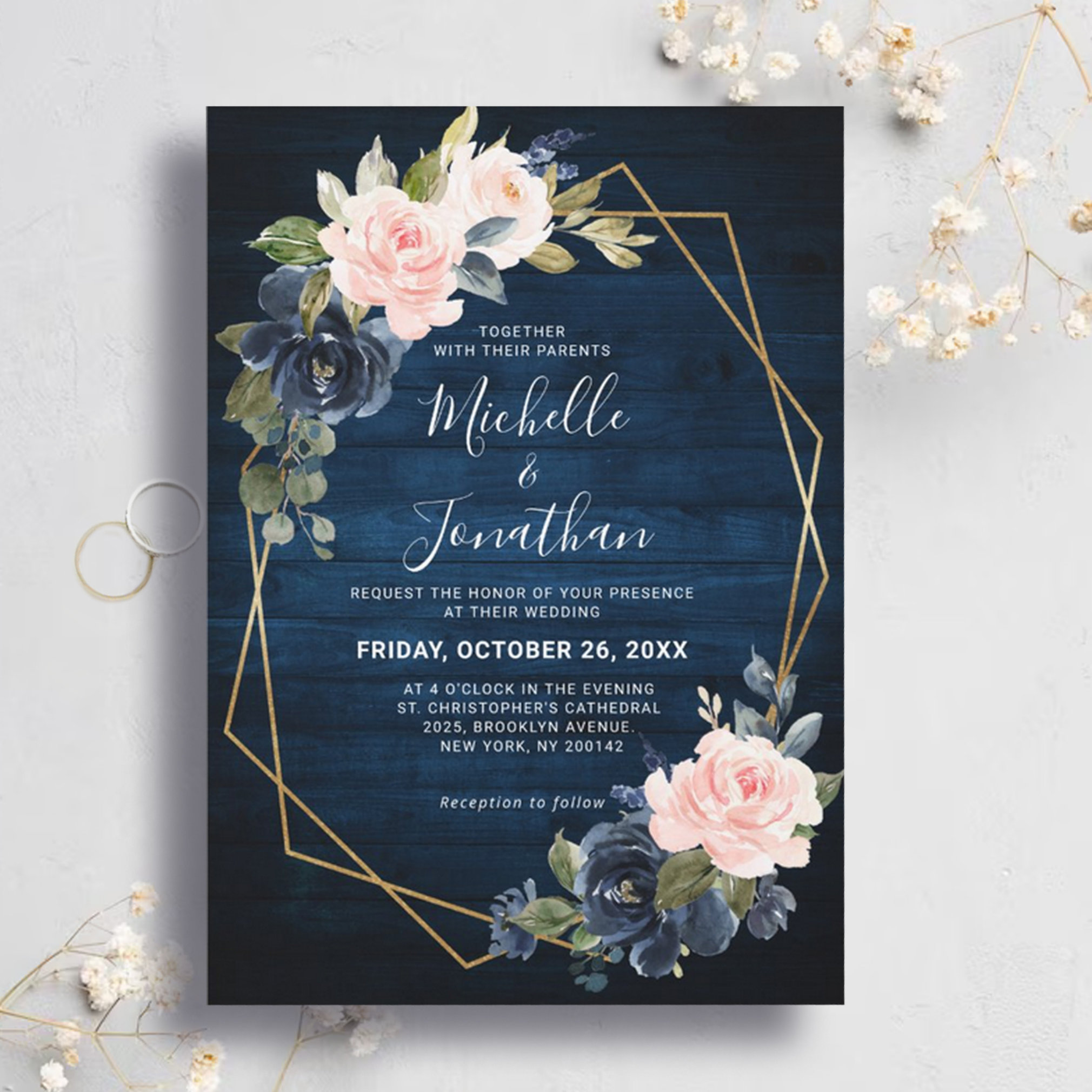 Rustic Wood Navy Blue Blush Pink Geometric Wedding Invitation