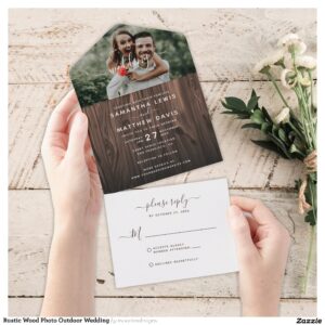 Rustic Wood Photo Outdoor Wedding All In One Invitation