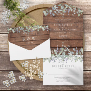 Rustic Wood Sage And Lilac Floral Monogram Wedding All In One Invitation