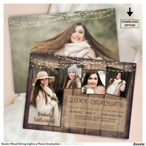 Rustic Wood String Lights 5 Photo Graduation Invitation