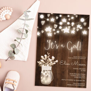 Rustic wood string lights mason girl baby shower invitation