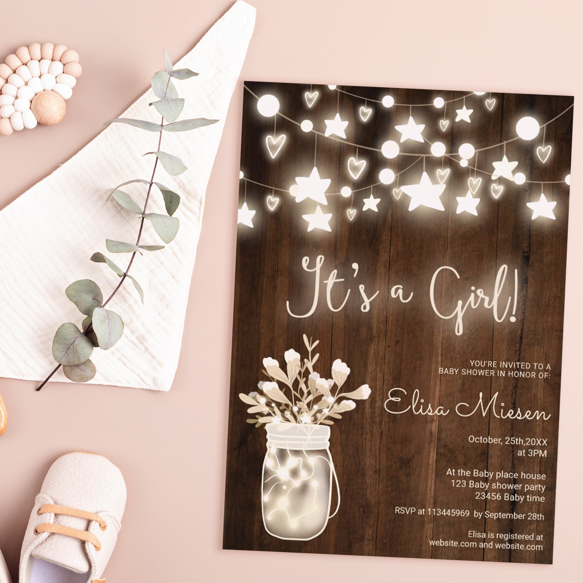 Rustic wood string lights mason girl baby shower invitation