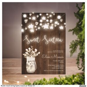 Rustic wood string lights mason jar Sweet 16 Invitation