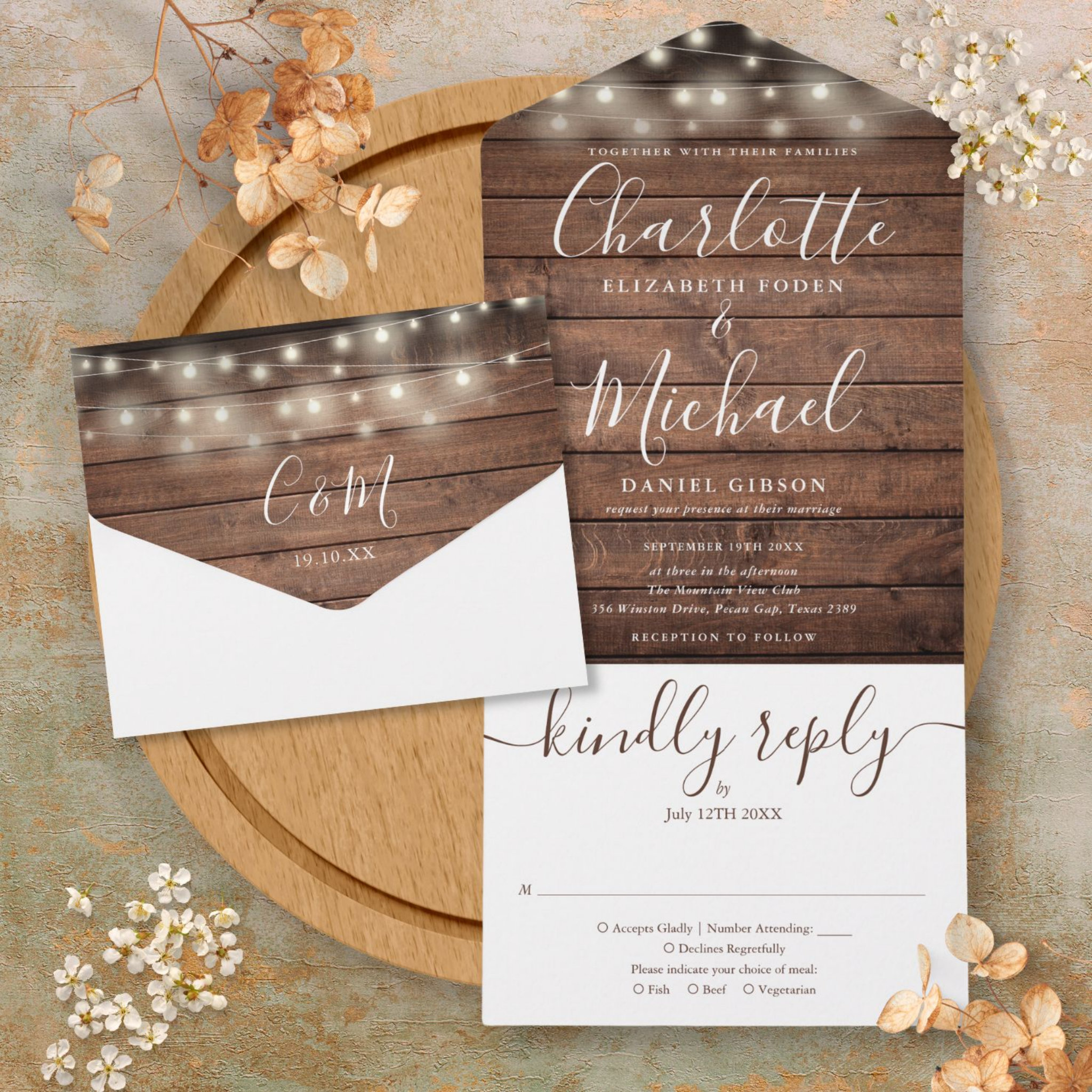 Rustic Wood String Lights Monogram Wedding All In One Invitation