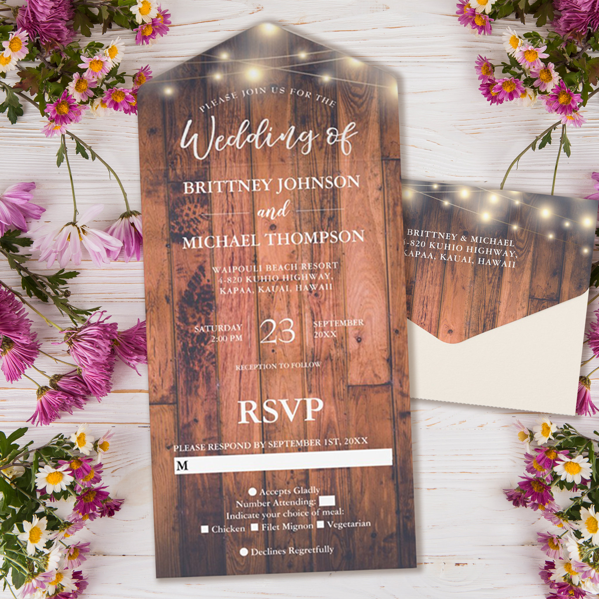 Rustic Wood String Lights Wedding All In One Invitation