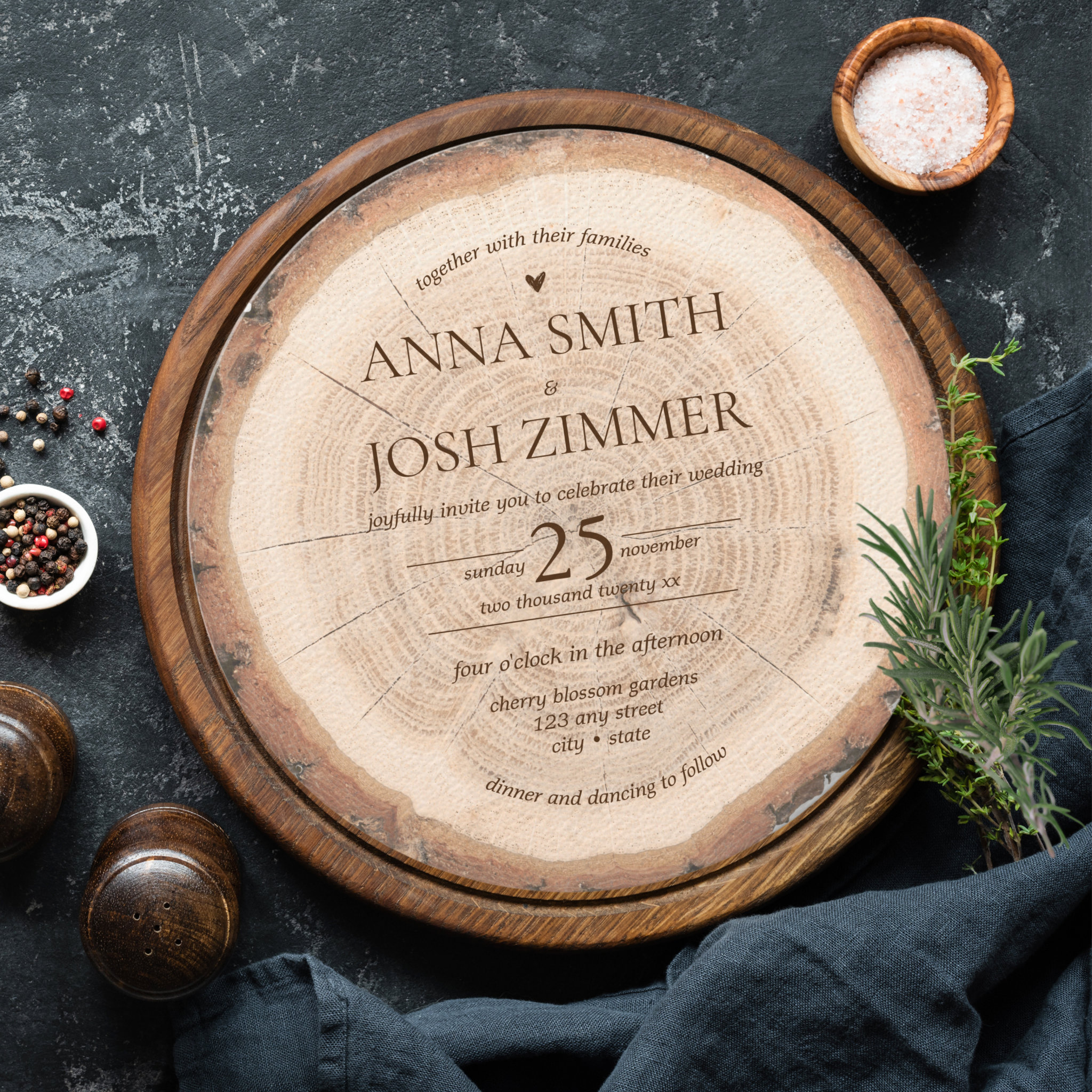 Rustic Wood Tree Stump Cross-Section Barn Wedding Invitation