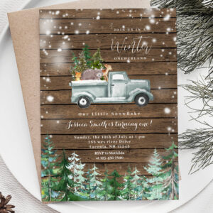 Rustic Wood Truck Winter Onederland 1st birthday Invitation