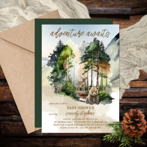 Rustic Woodland Adventure Awaits Boy Baby Shower Invitation
