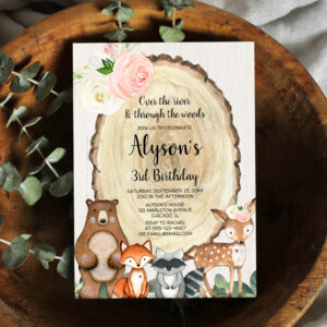 Rustic woodland cute animals girl birthday invitation