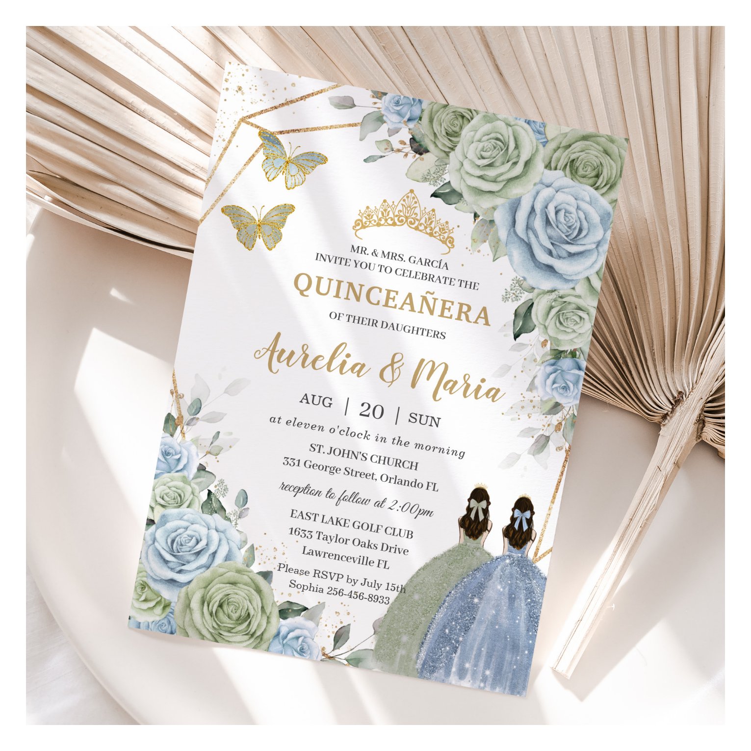 Sage Green Baby Blue Floral Twins Gold Quincea?era Invitation