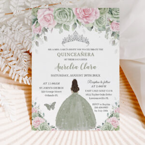 Sage Green Baby Pink Floral Silver Quincea?era Invitation