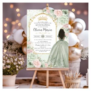 Sage Green Blush Floral Brown Girl Quincea?era Invitation