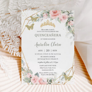Sage Green Butterflies Pink Floral Quincea?era Invitation