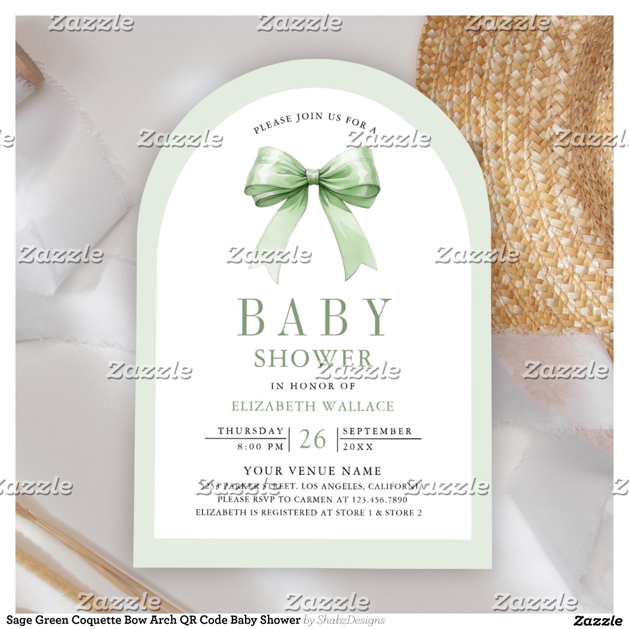 Sage Green Coquette Bow Arch QR Code Baby Shower Invitation