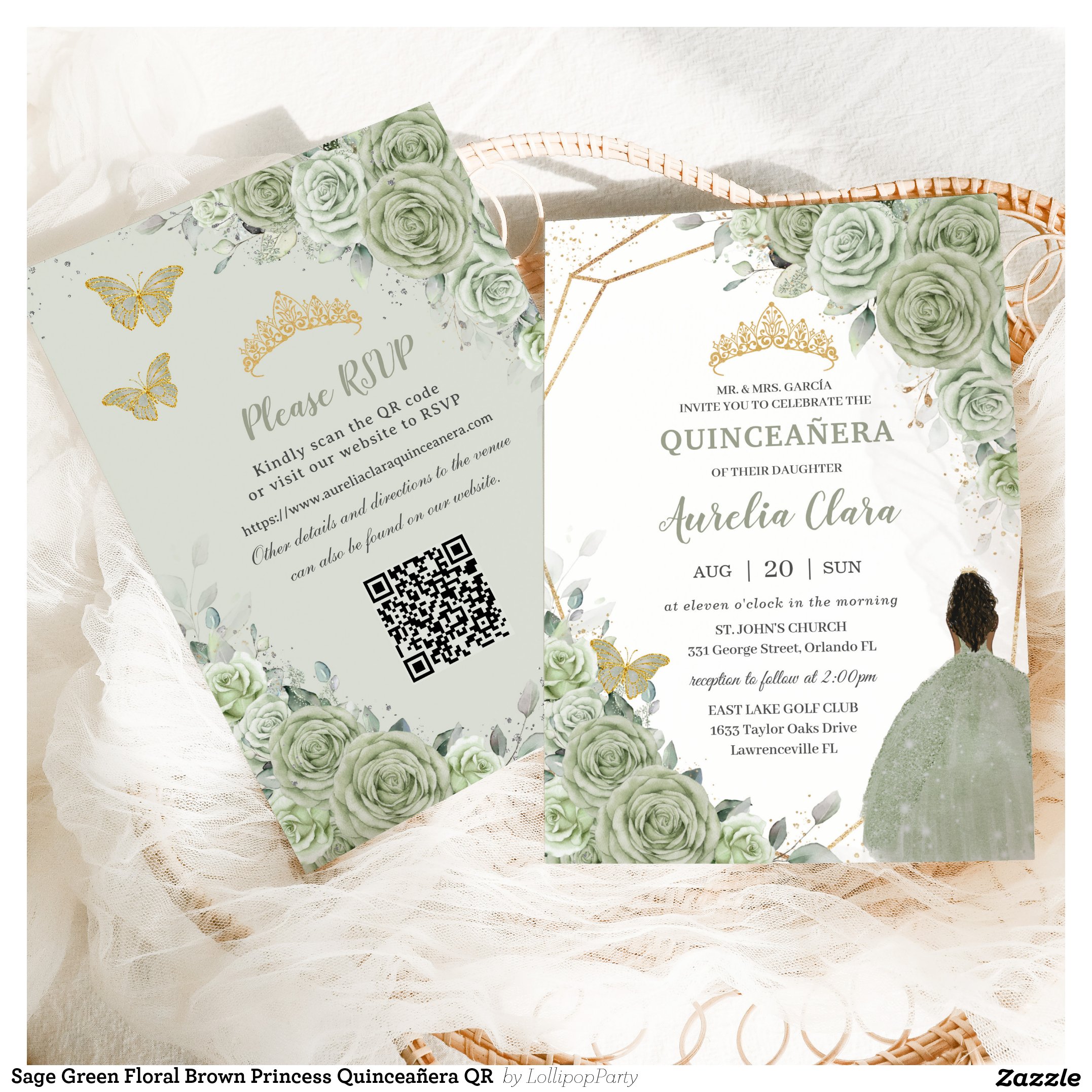 Sage Green Floral Brown Princess Quincea?era QR Invitation