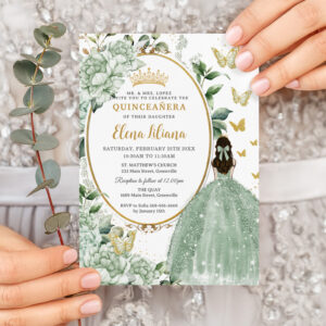 Sage Green Floral Princess Dress Gold Quincea?era Invitation