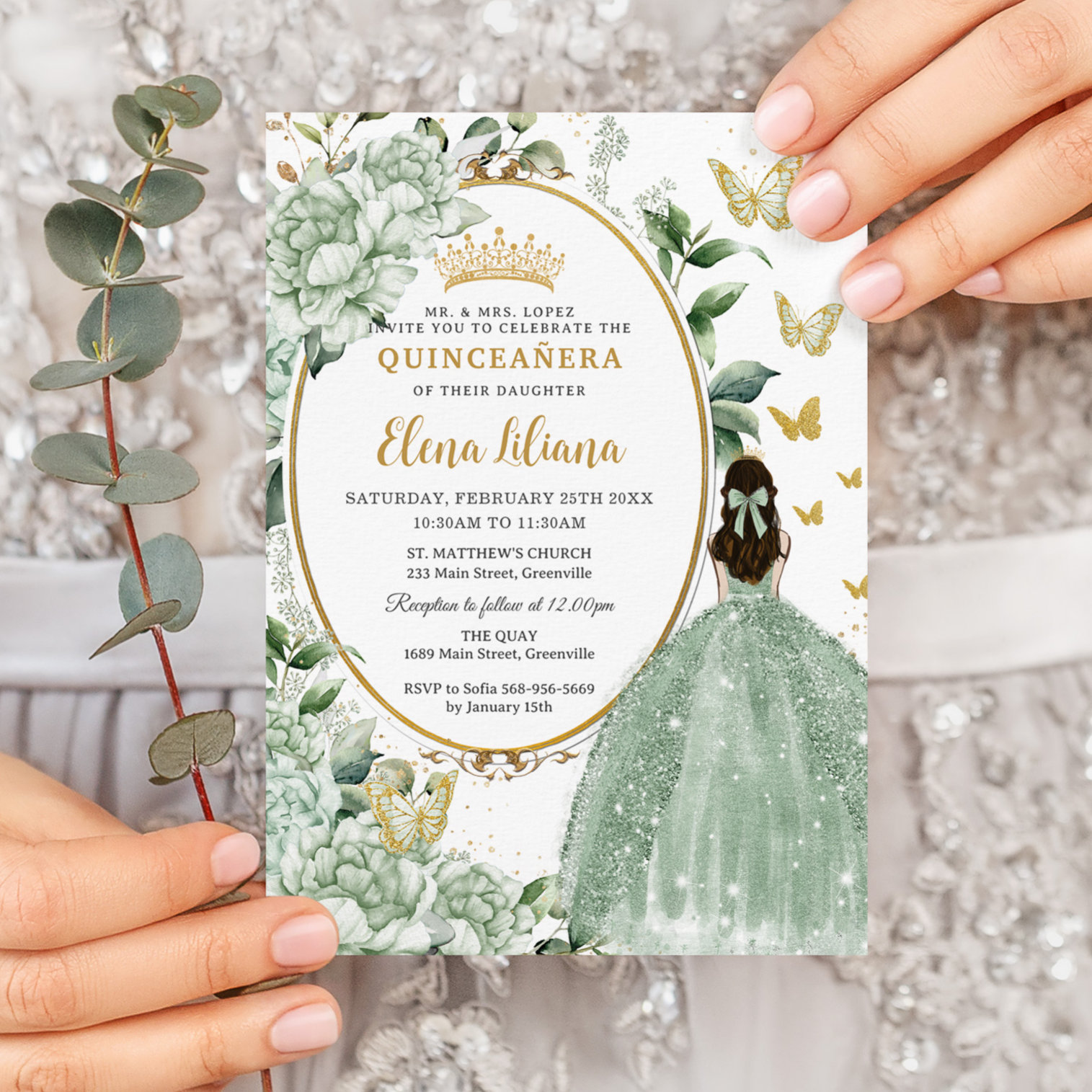 Sage Green Floral Princess Dress Gold Quincea?era Invitation
