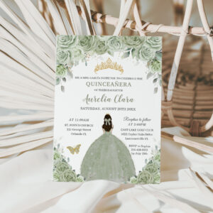 Sage Green Floral Roses Princess Gold Quincea?era Invitation