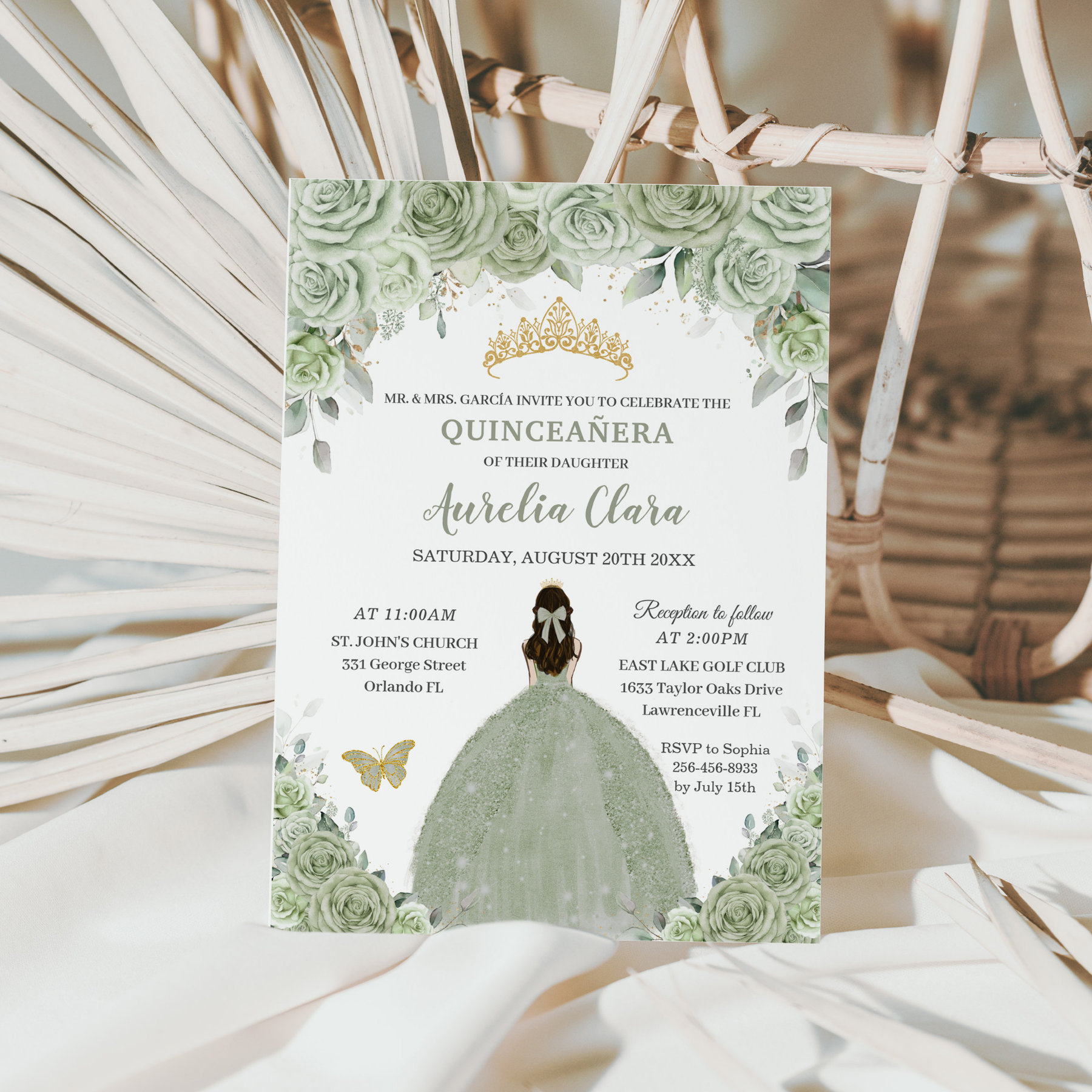 Sage Green Floral Roses Princess Gold Quincea?era Invitation