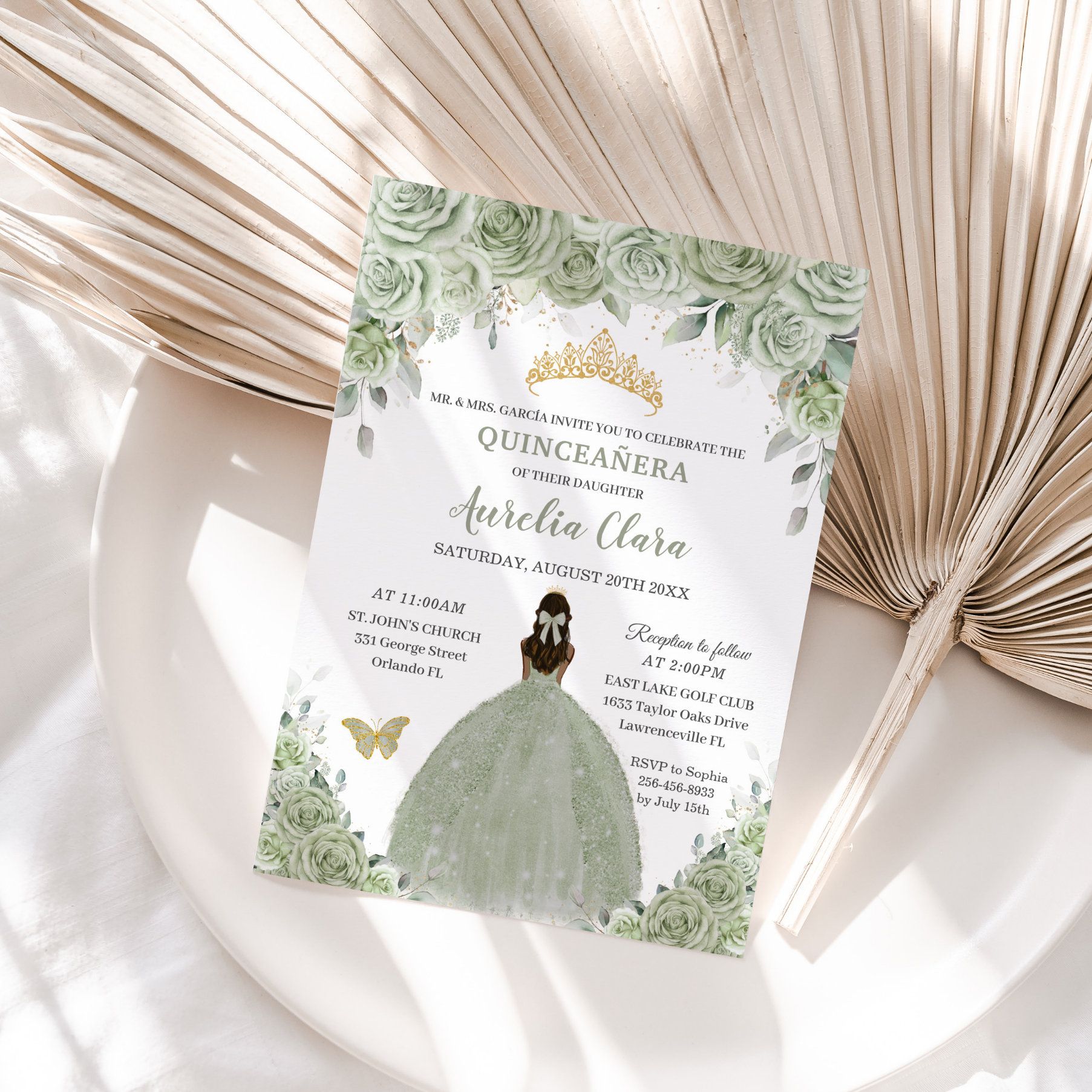 Sage Green Floral Tan Brown Princess Quincea?era Invitation