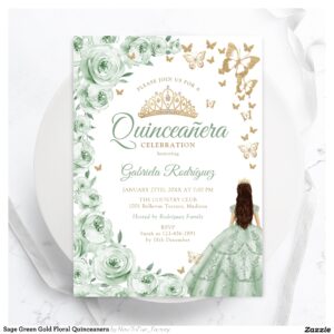 Sage Green Gold Floral Quinceanera Invitation