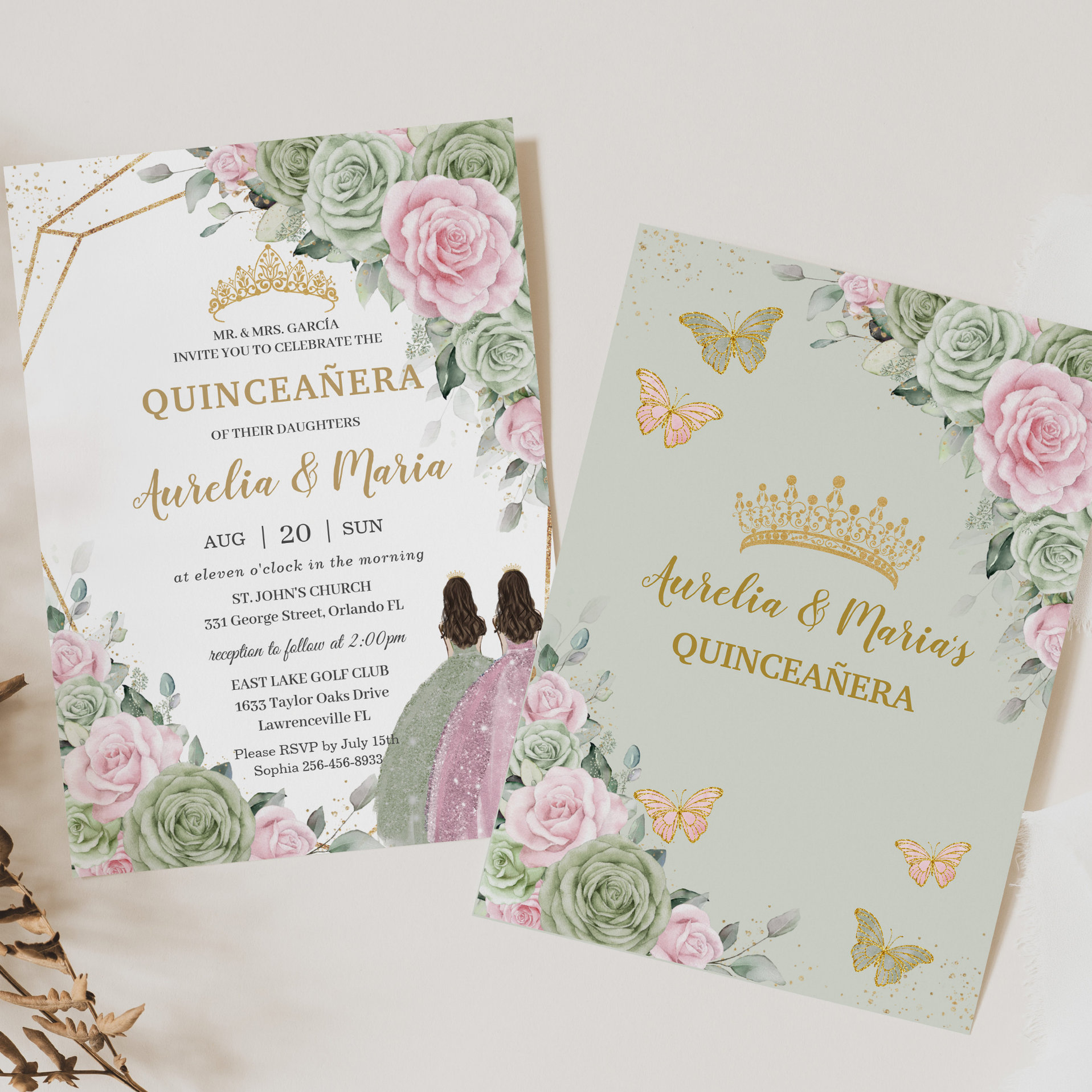 Sage Green Pink Floral Quincea?era Twins Butterfly Invitation