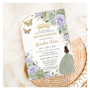 Sage Green Purple Lavender Floral Gold Quincea?era Invitation