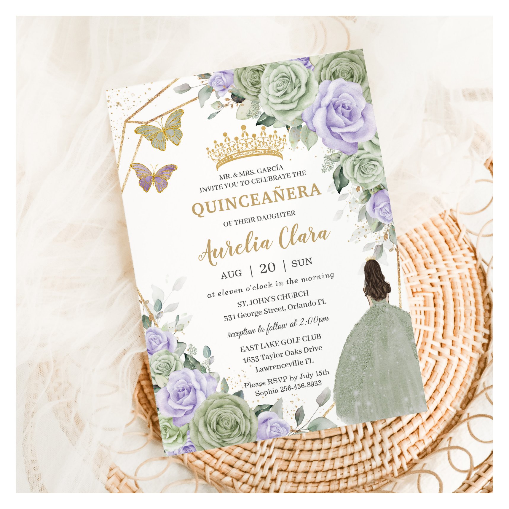 Sage Green Purple Lavender Floral Gold Quincea?era Invitation