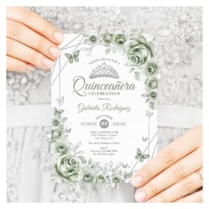 Sage Green Quinceanera Floral Invitation
