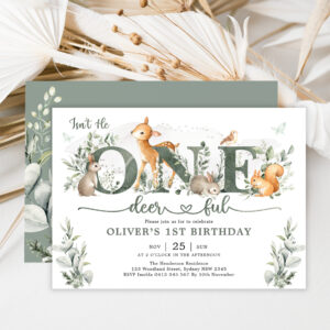 Sage Green Woodland One-deerful 1st Birthday Boy Invitation