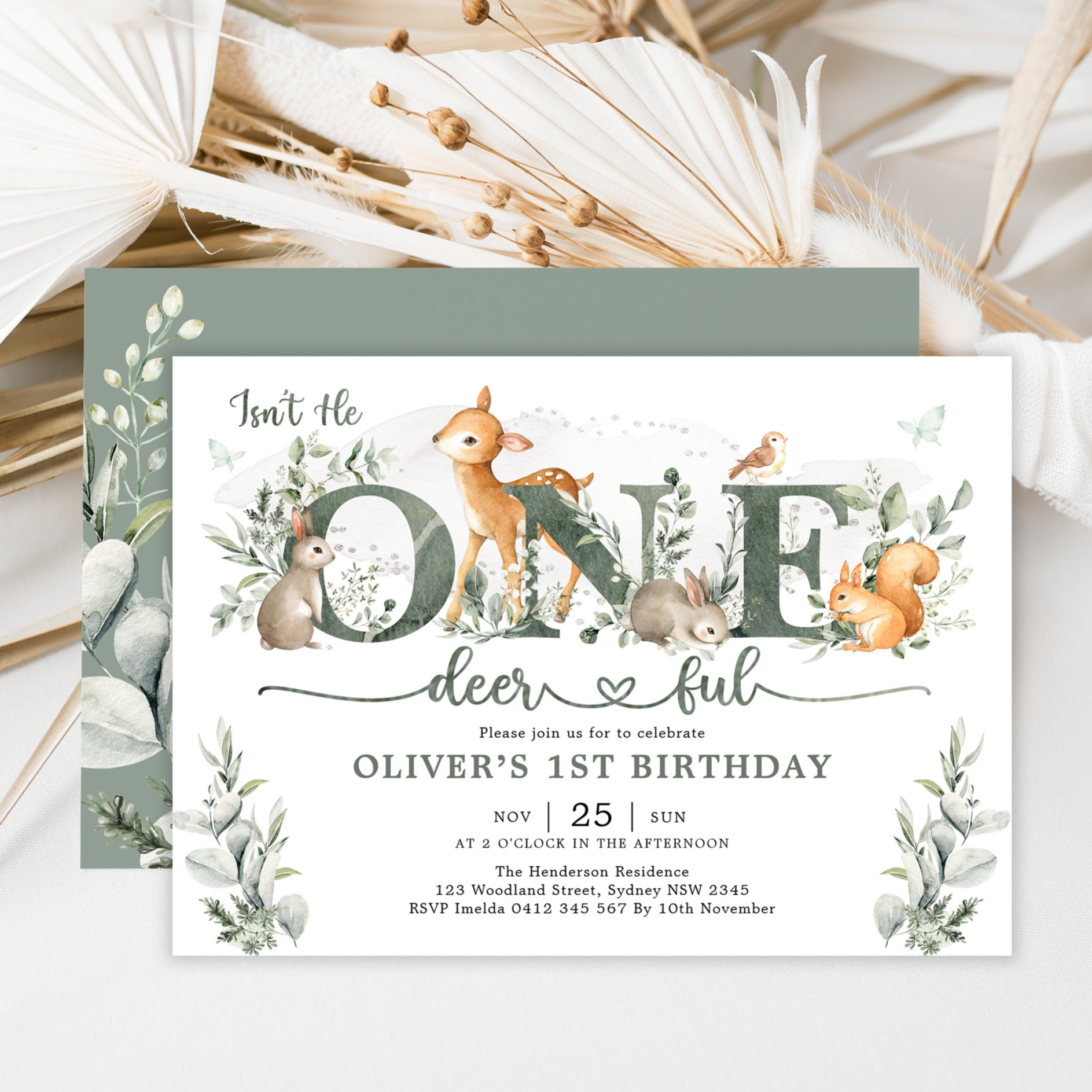 Sage Green Woodland One-deerful 1st Birthday Boy Invitation
