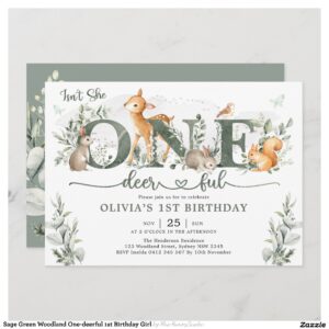 Sage Green Woodland One-deerful 1st Birthday Girl Invitation