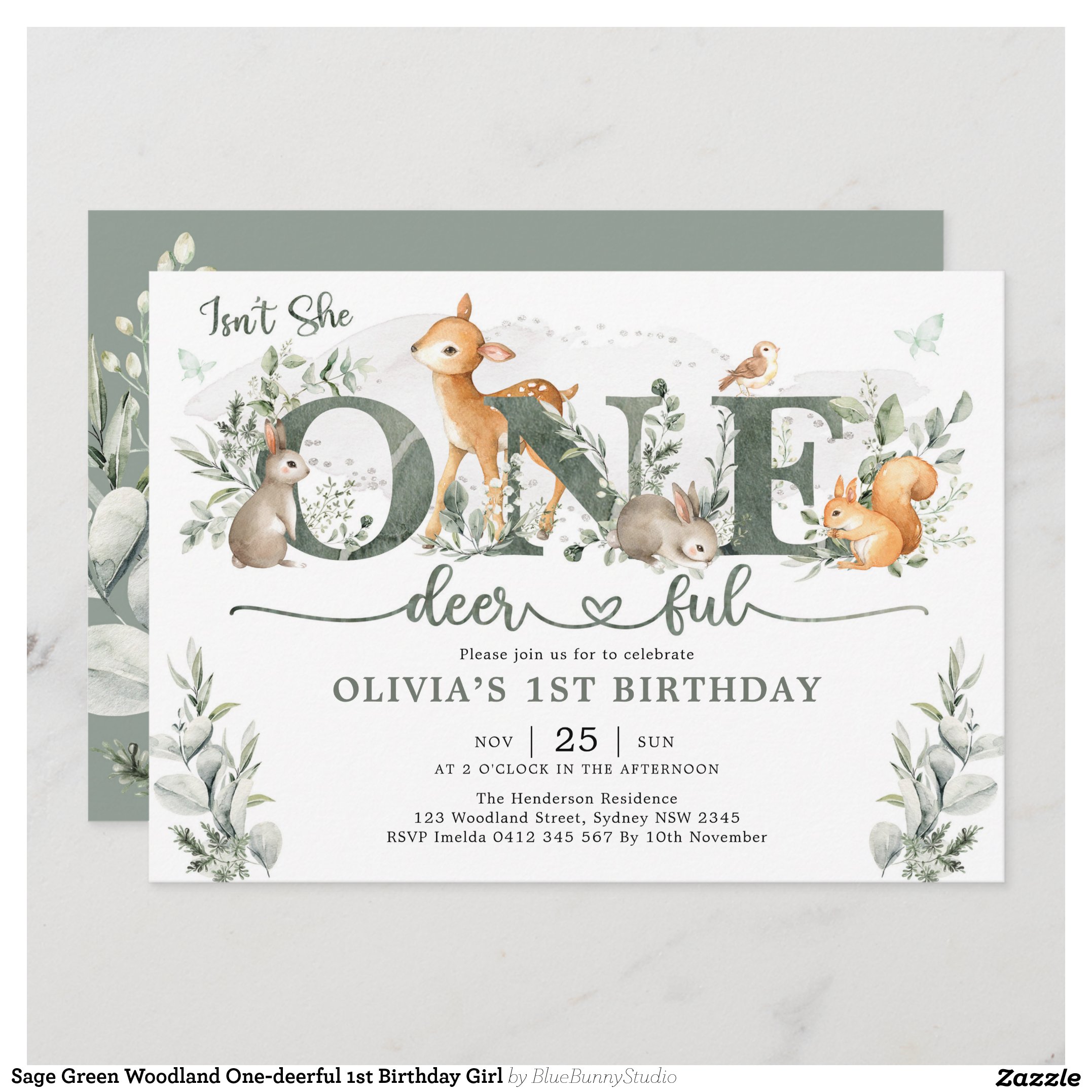 Sage Green Woodland One-deerful 1st Birthday Girl Invitation