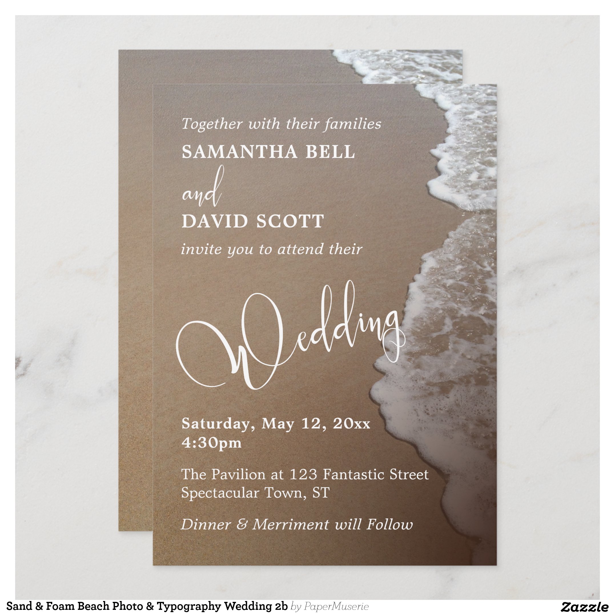 Sand & Foam Beach Photo & Typography Wedding 2b Invitation