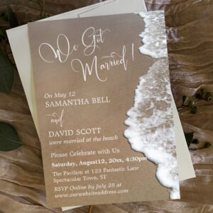 Sand & Foam Beach Photo, We Got Married White Text Invitation