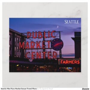Seattle Pike Place Market Sunset Travel Photo Postcard