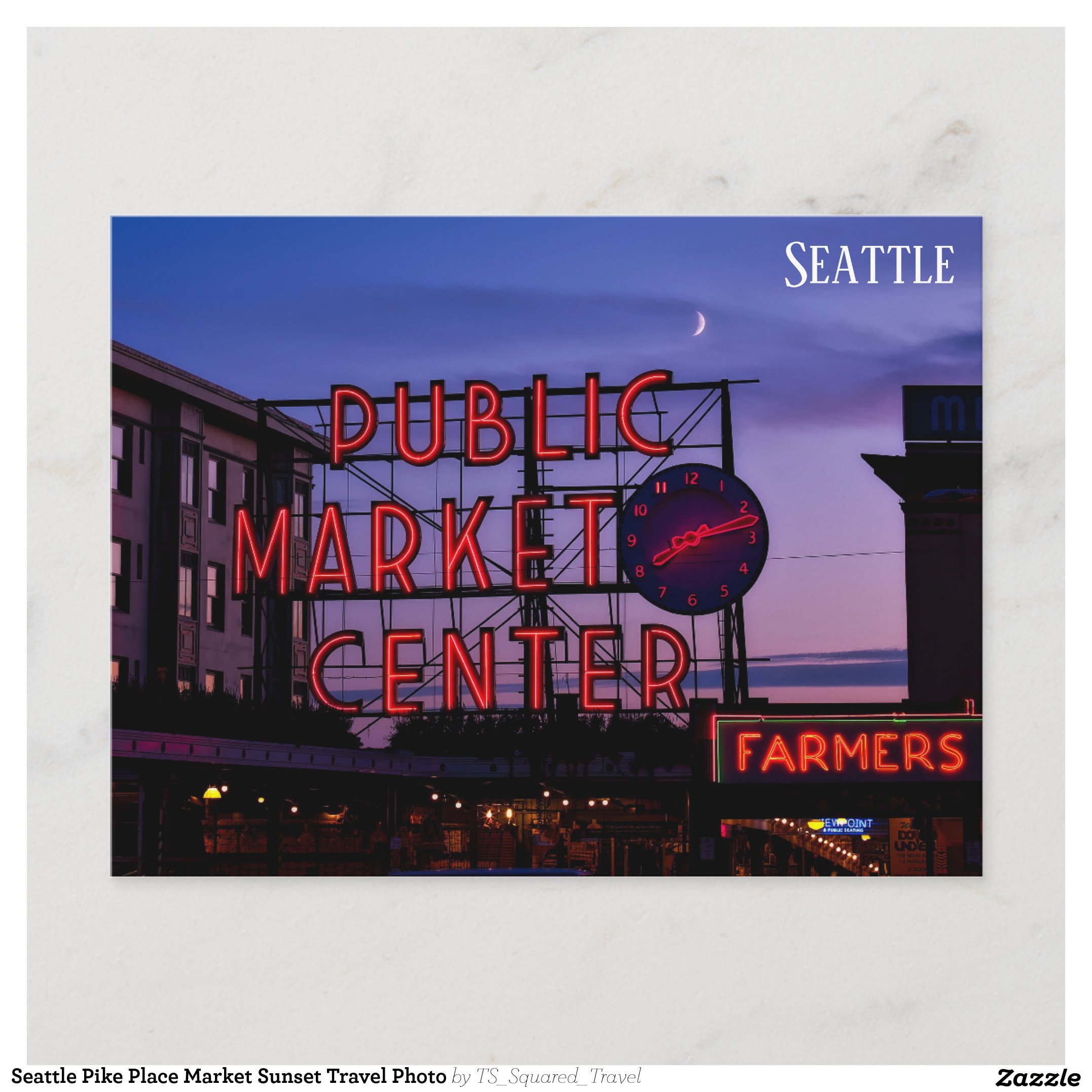 Seattle Pike Place Market Sunset Travel Photo Postcard