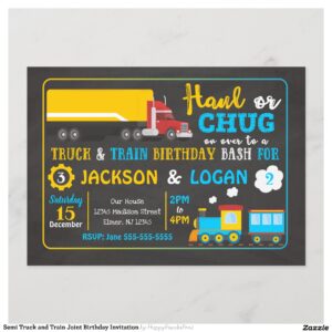 Semi Truck and Train Joint Birthday Invitation